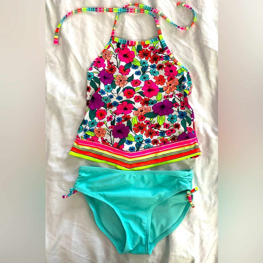 SO Brand 2 Piece Bikini Swimsuit Bright Floral and Stripes Girl’s Size 12